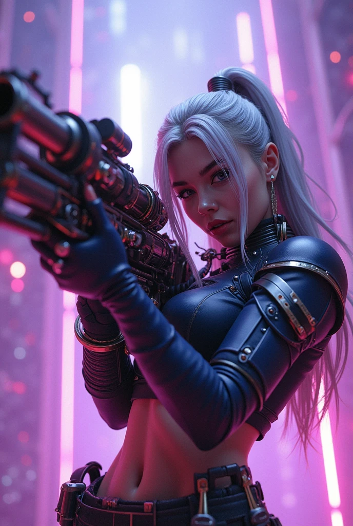 Super detailed Ultra fantasy Surreal 8k Gatling Gun 3d Soldier Mechanic Art steampunk Girl Dynamic pose Glossy and intricate design Cinema Lighting Glossy Purple technical Clear Eyes Silver Hair Dazzling Light