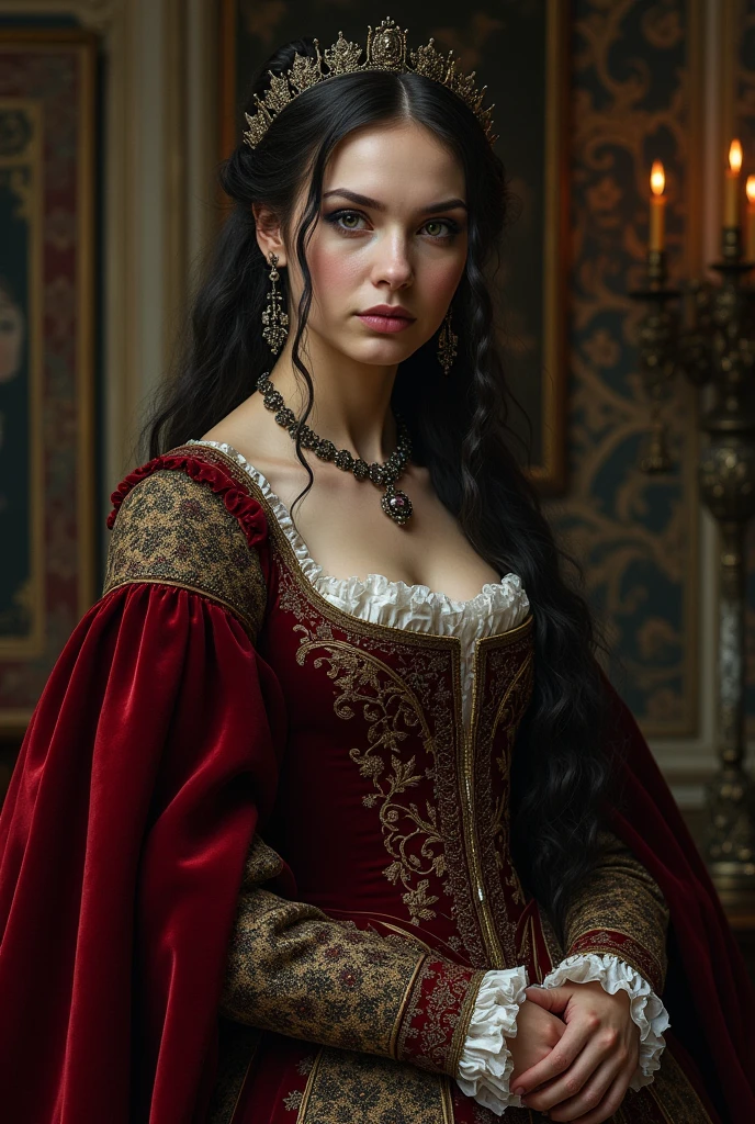 Create a realistic and detailed image of Elizabeth Bathory, the 17th century Hungarian countess, known for its infamies. It should be portrayed in a historic and luxurious setting., typical of the time. Elizabeth Bathory is a stern-looking woman., with striking characteristics of a nobility of the time. Your dress must be elaborate, with rich fabrics and intricate embroidery, typical of baroque fashion. The scenery should include elements of a castle, like tapestries, opulent furniture and chandeliers. She must have an enigmatic expression and an intense gaze., reflecting its historical complexity and legend. Add a dark and mysterious background to complement the intriguing aura around you.