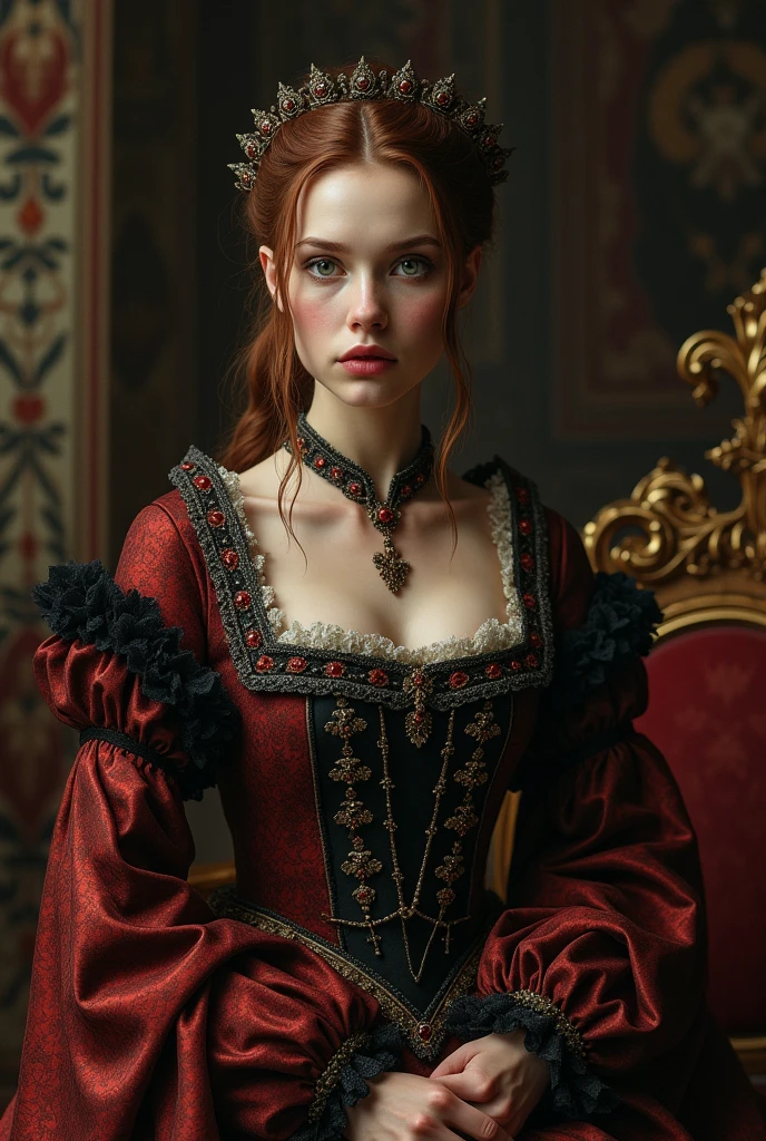 Create a realistic and detailed image of Elizabeth Bathory, the 17th century Hungarian countess, known for its infamies. It should be portrayed in a historic and luxurious setting., typical of the time. Elizabeth Bathory is a stern-looking woman., with striking characteristics of a nobility of the time. Your dress must be elaborate, with rich fabrics and intricate embroidery, typical of baroque fashion. The scenery should include elements of a castle, like tapestries, opulent furniture and chandeliers. She must have an enigmatic expression and an intense gaze., reflecting its historical complexity and legend. Add a dark and mysterious background to complement the intriguing aura around you.