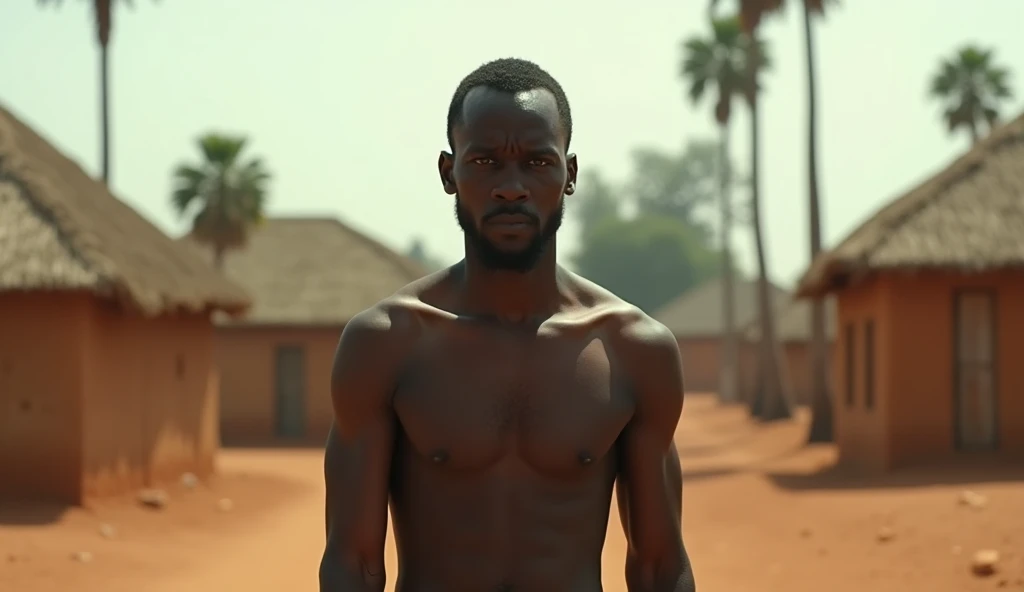 Prompt: Un jeune homme noir, Assane, marchant dans un petit village africain, avec des maisons en terre battue et des palmiers en arrière-plan, une expression de désespoir sur son visage, l'image est en 8k haut définition.