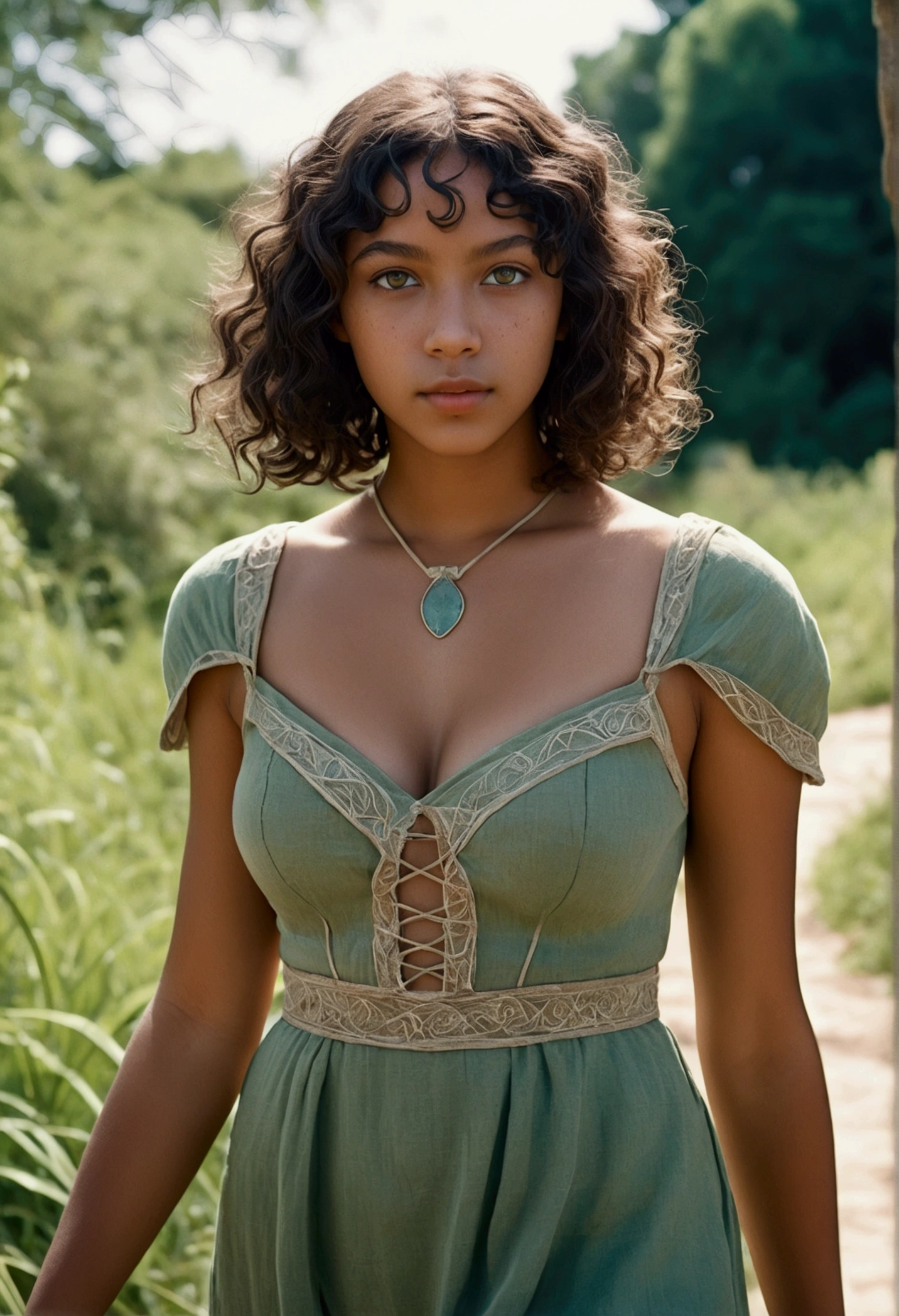 analog film photo, photo of a young elven girl, 18 years old, elf ears, jade eyes, curly brunette bob cut, brown skin, freckles, Amazonian stature, voluptuous hourglass figure, busty bosom, narrow waist, full hips, big plump buttocks, wearing a linen sun dress, strolling through a sunny fantasy landscape, RAW Photograph, dslr, soft lighting, high quality, film grain, Fujifilm XT3, detailed skin with visible pores, insane details, masterpiece, 8k, 35mm photograph, dslr, kodachrome, faded film, desaturated, grainy, vintage, Lomography, stained, highly detailed, found footage, close-up shot, elven ears