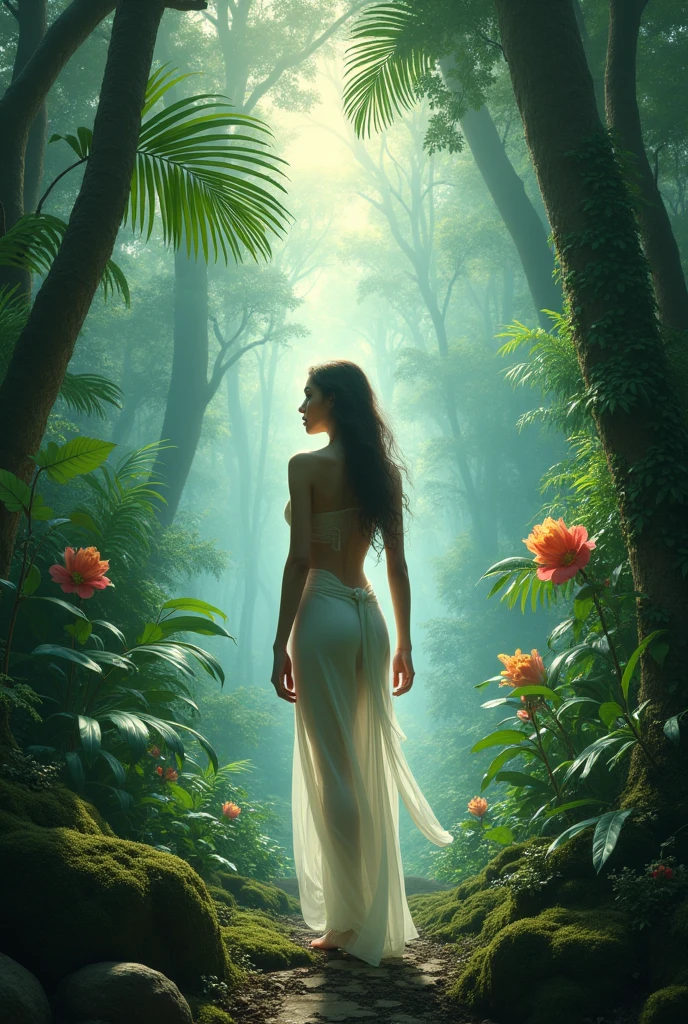 Create an image of a nude adult woman, in a forest surrounded by exotic plants and tall trees, mysterious, old, with great detail, tropical landscape.
