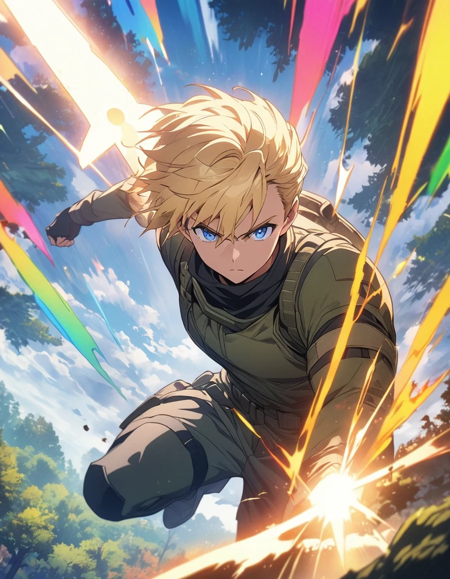 masterpiece, highest quality, high resolution, a young futuristic German soldier, forest in the background with beautiful and stunning landscape, blond hair, blue eyes, holy sword, is in extravagant combat pose, dynamic perspective, full body appears in the scene , (dynamic combat pose)、Muscular body、well-lit, colorful, well-designed anime, anime style color.