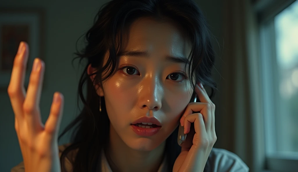 (beautiful korean girl crying on the phone calling someone: 1.0), in building, realistic lighting, cinema style,