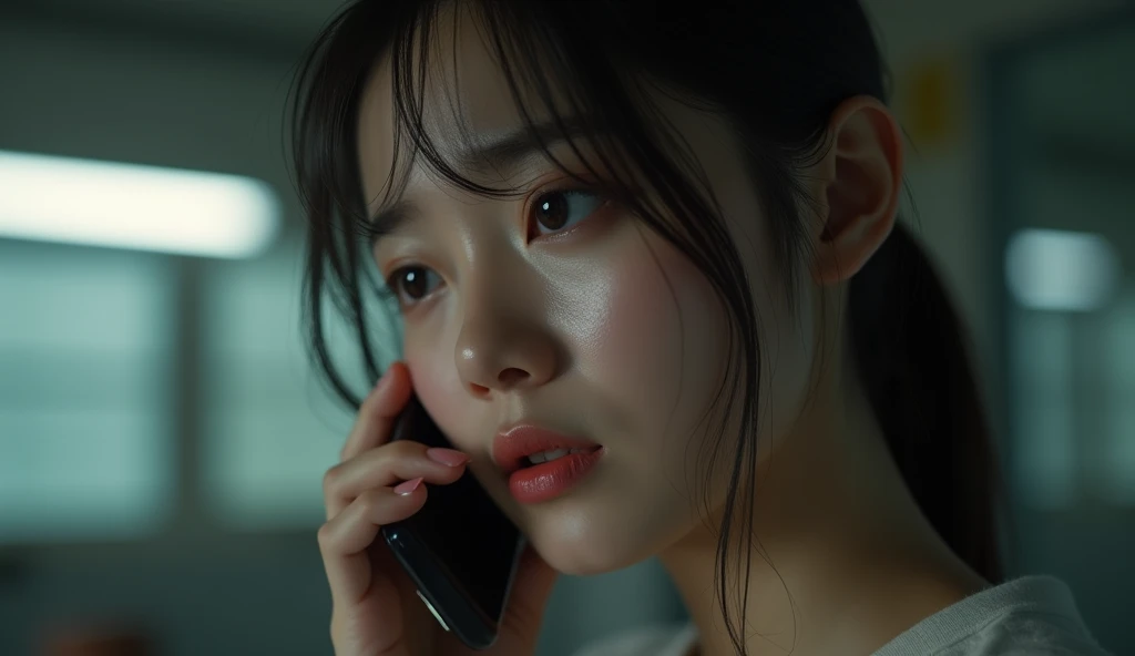 (beautiful korean girl crying on the phone calling someone: 1.0), in building, realistic lighting, cinema style,