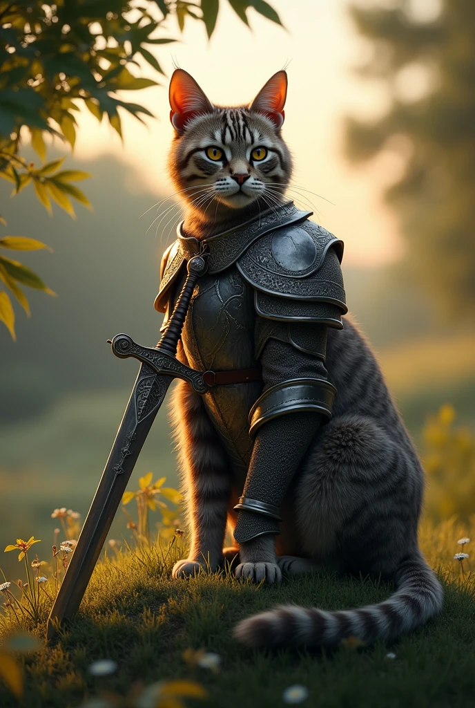 Create an image of a cat wearing medieval armor with its sword beside it on a mound with green grass and trees at dusk.