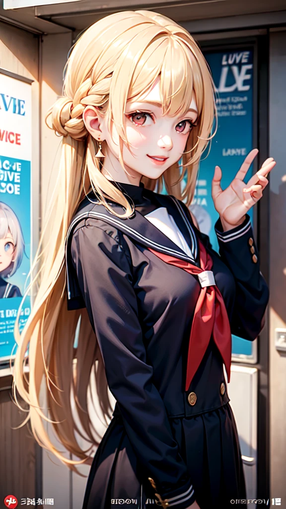 Blonde long hair high school girl,Red eyes, smile,Live Announcement Poster,Poster with logo"Lumina Live",Pause,Sailor suit,blazer,Bust Shot