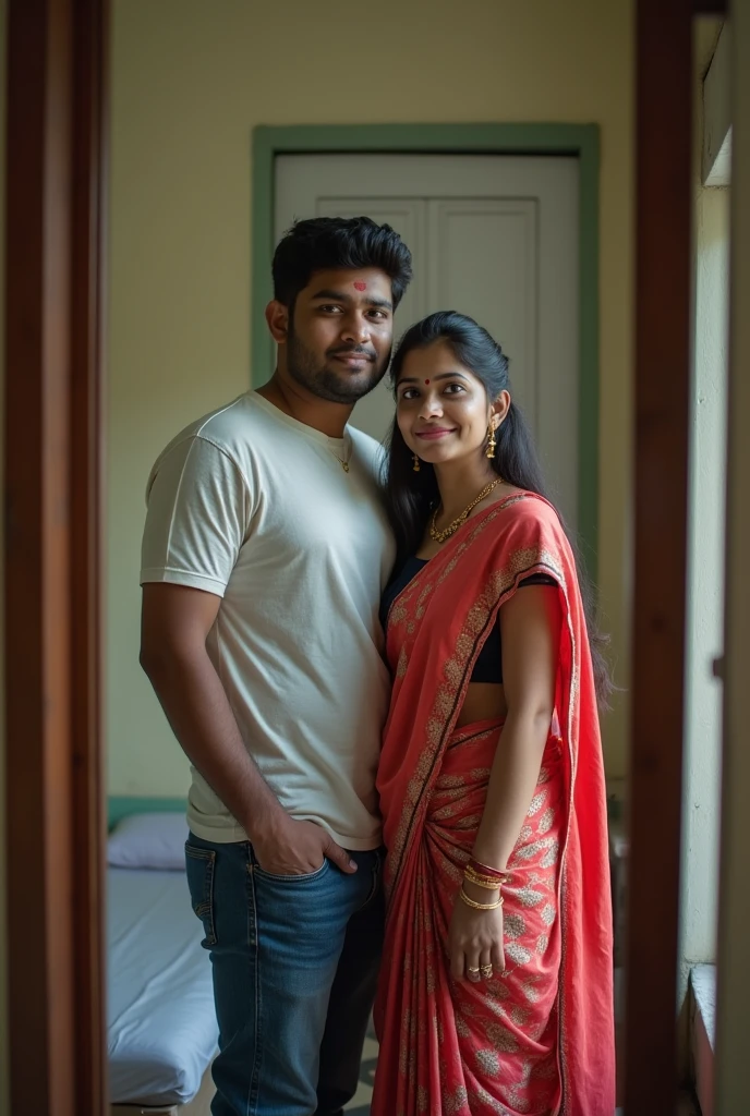 A mirror selfie by a Oneplus phone of a teenager couple, the husband wear jeans pant and t shirt and. The wife wear sharee  in a bangadeshi weather room