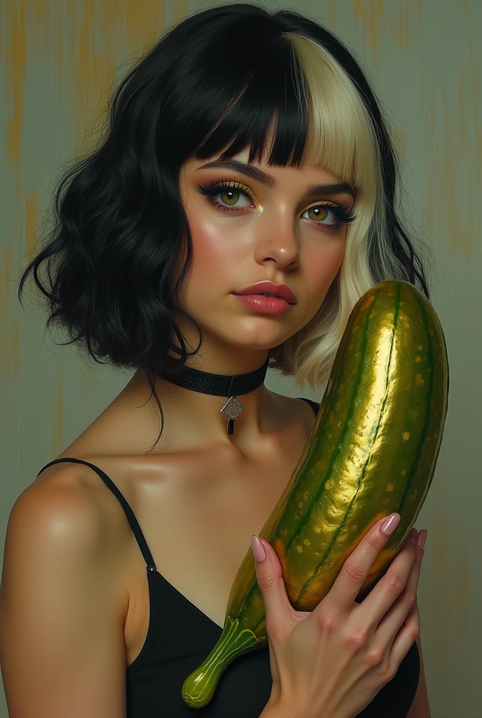 Melanie Martinez singer with two-tone hair winning a gold cucumber-shaped award