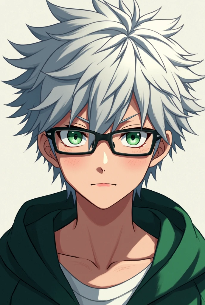 Izuku Midoriya, who has white hair and green eyes, is 18 years old and wears glasses.