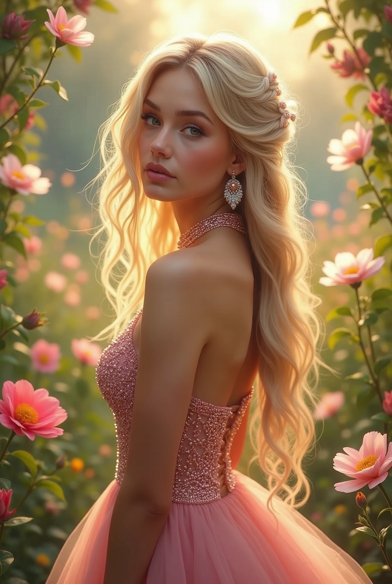 (Best quality), (masterpiece), (highly detailed:1.3), (analog:1.2), (high sharpness), A beautiful blonde woman with long hair in a pink dress, surrounded by blooming flowers and soft sunlight. She has a detailed curly wavy hairstyle, sparkling earrings, and is wearing an elegant gown with intricate beading. The background features lush greenery and vibrant blossoms, creating a dreamy atmosphere. Digital art style, high resolution, realistic details, soft lighting. In the style of digital art. (highly detailed photo:1.1), 8k, photorealistic, insanely detailed:1.5), (highest quality)