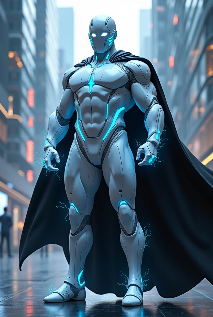 Make a strong man with a white suit and a bit of blue in a futuristic style, with a futuristic mask and a black cape with electric powers