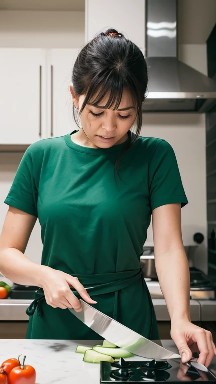 A woman in a modern kitchen, frustrated while trying to cut vegetables with a traditional knife. The scene focuses on the tedious and slow process, showing his expression of frustration.