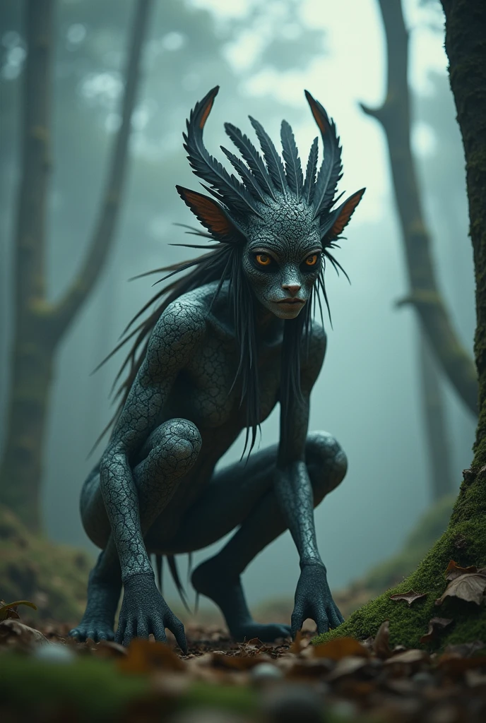 Generate a highly detailed and atmospheric scene of a mystical forest creature crouching in a misty woodland setting. The creature has an otherworldly appearance, with intricate body paint resembling cracked earth, and wears elaborate feathered adornments, including a headdress made of dark and light feathers. The creature's face is partially masked, with sharp, angular features and intense, almost haunting eyes. The environment around is dense with fog, with tall trees and a moody, ethereal ambiance, emphasizing the creature's connection to the mystical forest.
