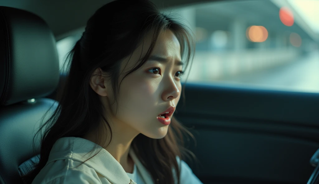 (A bautiful Korean woman sitting in a car, crying and talking with some one, looking up in panic: 1.0), apartment parking garage, realistic lighting, cinematic style, daylight, 