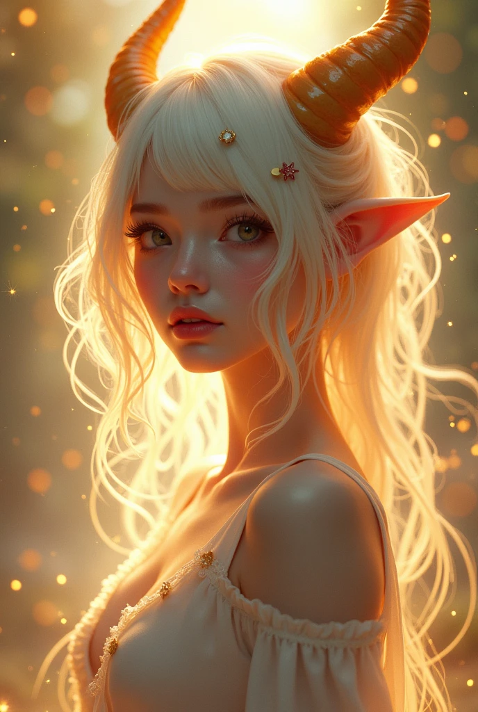 1 girl, adult woman, Alone, g0ld3mb, air, (platinum blonde hair) hair, hime cut, (kawaii hair clips:1.2) high quality, Best Quality, high resolution, High detail, (airen aura magic), hair uplifted, horns
