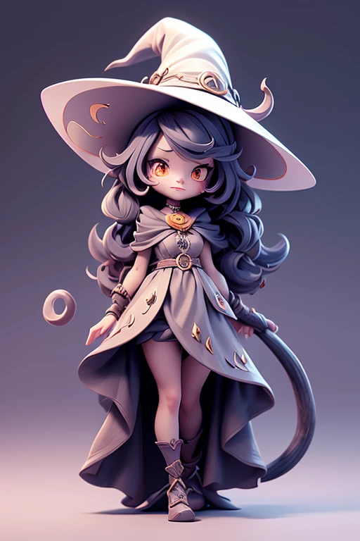 Create an image of a witch cat monster wearing a witch hat, predicting the future. The image should be detailed and sharp with beautiful colors. It should have arms, legs, eyes, and a mouth. It should be newly born and have a white background.