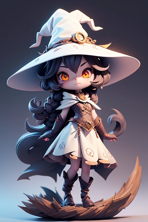 Create an image of a witch cat monster wearing a witch hat, predicting the future. The image should be detailed and sharp with beautiful colors. It should have arms, legs, eyes, and a mouth. It should be newly born and have a white background.