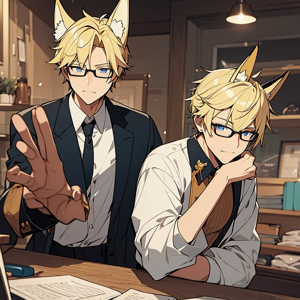A man with blonde hair, Drilling, glasses, fox ears
Anime style