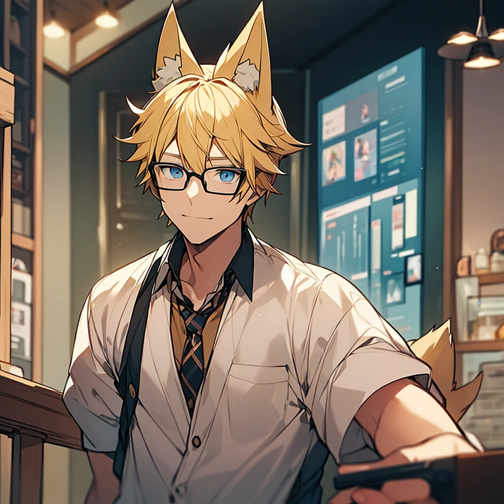 A man with blonde hair, Drilling, glasses, fox ears
Anime style