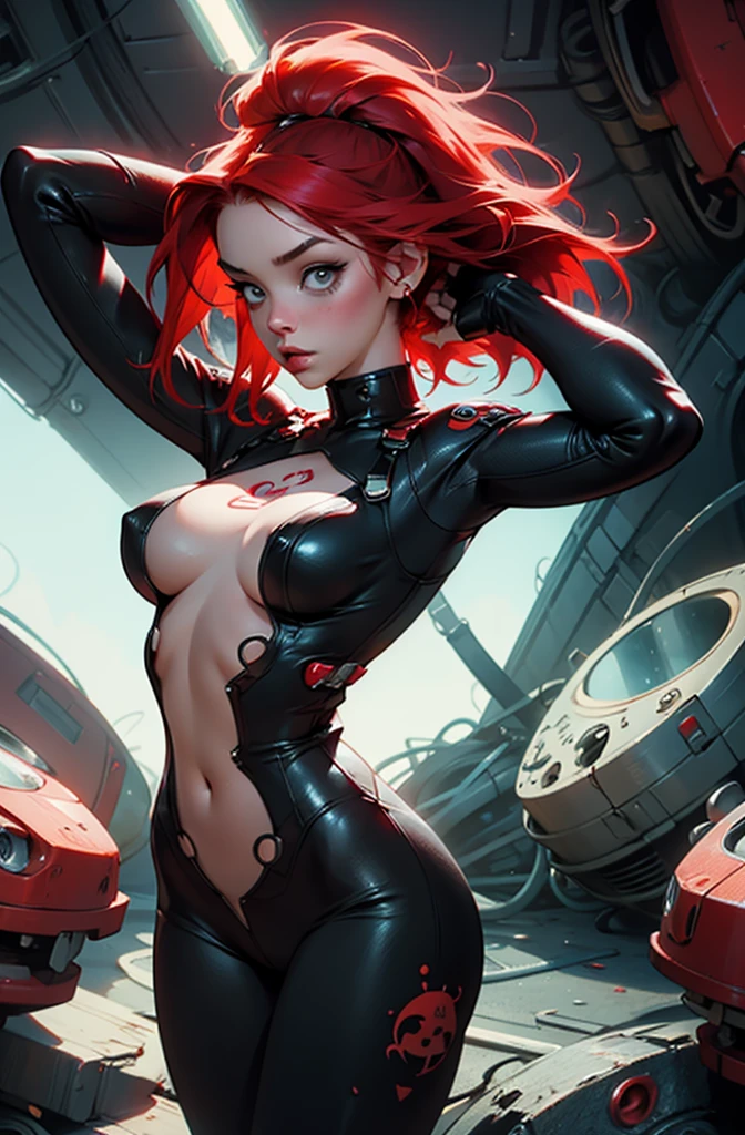 PUNK ROCK cute red haired woman, with bouncing breasts and cute flesh colored skintight translucent body suit sexy in the style of Tony Sandoval and Ashley Woods art.
