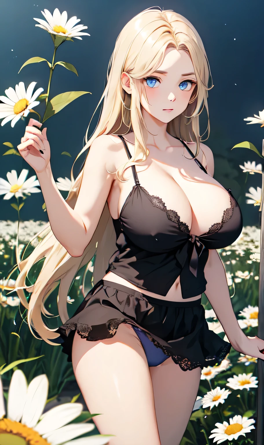 One person,In the flower field,White flower,View your viewers,blue eyes,Blonde,Daisy,Long Hair,Young face,Big eyes,(Drooping eyes)Blue Eyes,camisole(Abnormally very very large breasts)Wide open chest,Cleavage,mini skirt,(Panties are visible)