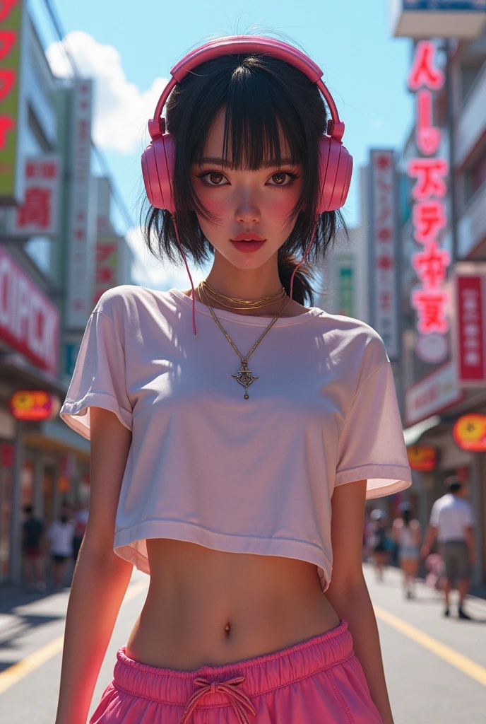 masterpiece, high quality, 4K, Beautiful design,Award-winning photo, Very detailed, ((small breasts:1.5)),wonderful, The finer details, absurdists, A girl walking down Takeshita Street in Harajuku,Very detailed woman,Pink makeup, Harajuku Girl,((Skater Fashion)）,(Short length T-shirt),Loose pants style,（Skater Fashion with Headphones）,Hyperrealistic paintings inspired by Yanjun Chen, instagramart, digital art,Pop Makeup Style, ig model | ArtJam,Very beautiful and cute teenage girl, Surreal Teen, A face like Ester Exposito,（A rich expression:1.5),