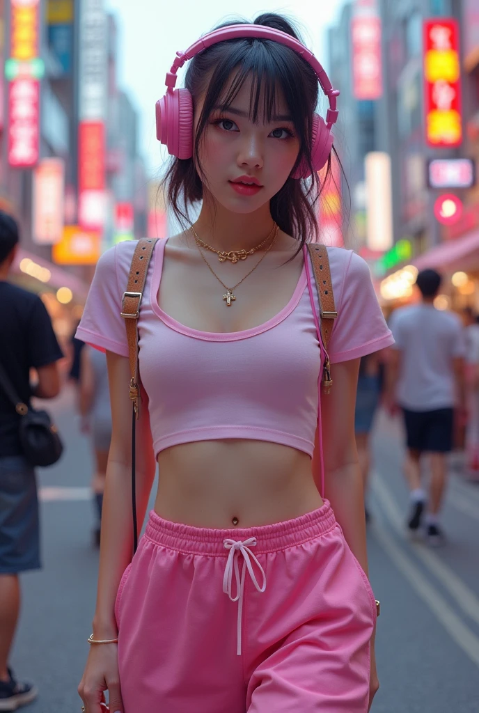 masterpiece, high quality, 4K, Beautiful design,Award-winning photo, Very detailed, ((small breasts:1.5)),wonderful, The finer details, absurdists, A girl walking down Takeshita Street in Harajuku,Very detailed woman,Pink makeup, Harajuku Girl,((Skater Fashion)),(Short length T-shirt),Loose pants style,(Skater Fashion with Headphones),Hyperrealistic paintings inspired by Yanjun Chen, instagramart, digital art,Pop Makeup Style, ig model | ArtJam,Very beautiful and cute age girl, Surreal Teenface like Ester Exposito,(A rich expression:1.5),