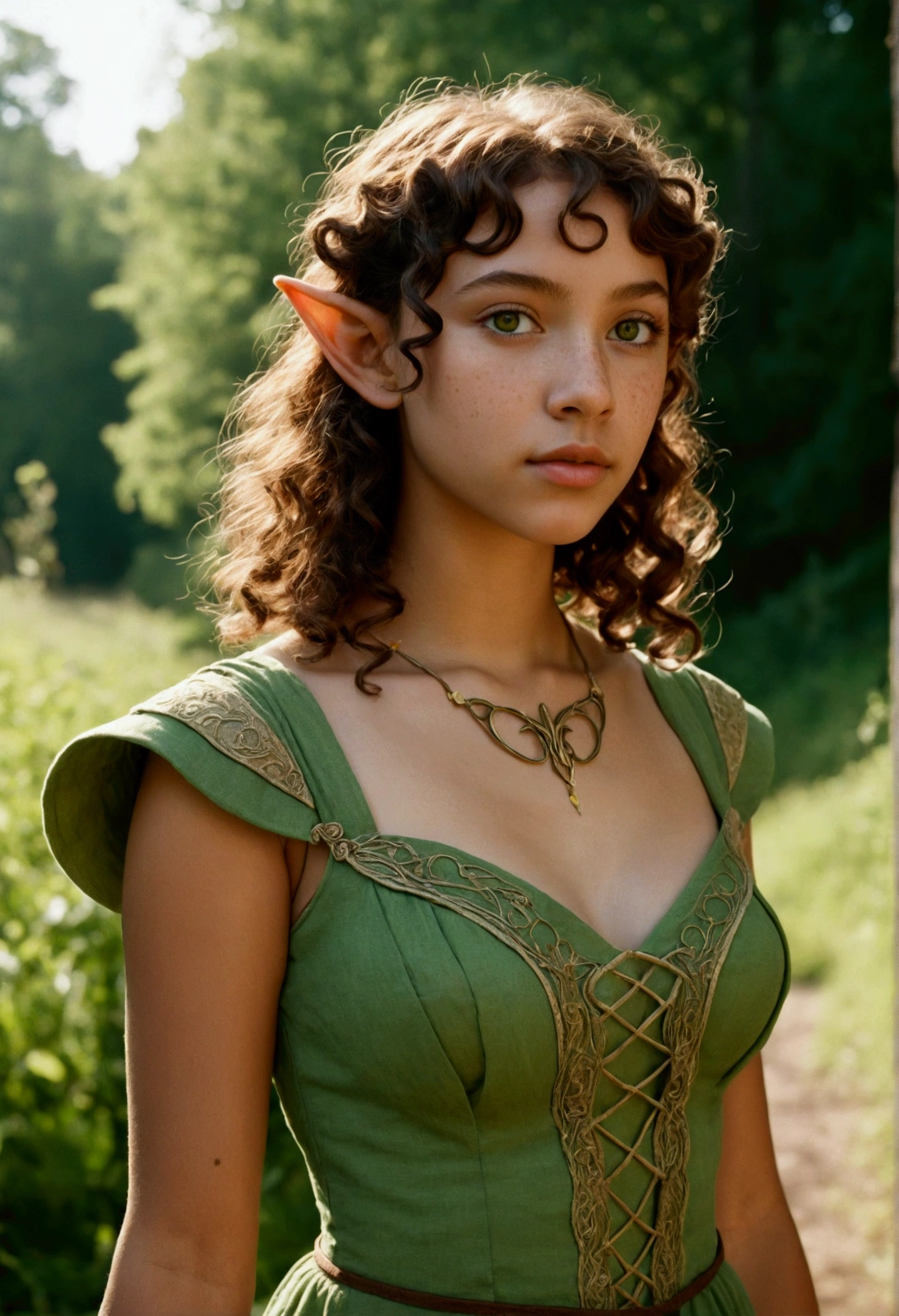 analog film photo, photo of a young elven girl, 18 years old, elf ears, peridot eyes, curly brunette bob cut, brown skin, freckles, Amazonian stature, voluptuous hourglass figure, busty bosom, narrow waist, full hips, big plump buttocks, wearing a linen sun dress, strolling through a sunny fantasy landscape, RAW Photograph, dslr, soft lighting, high quality, film grain, Fujifilm XT3, detailed skin with visible pores, insane details, masterpiece, 8k, 35mm photograph, dslr, kodachrome, faded film, desaturated, grainy, vintage, Lomography, stained, highly detailed, found footage, close-up shot, elven ears