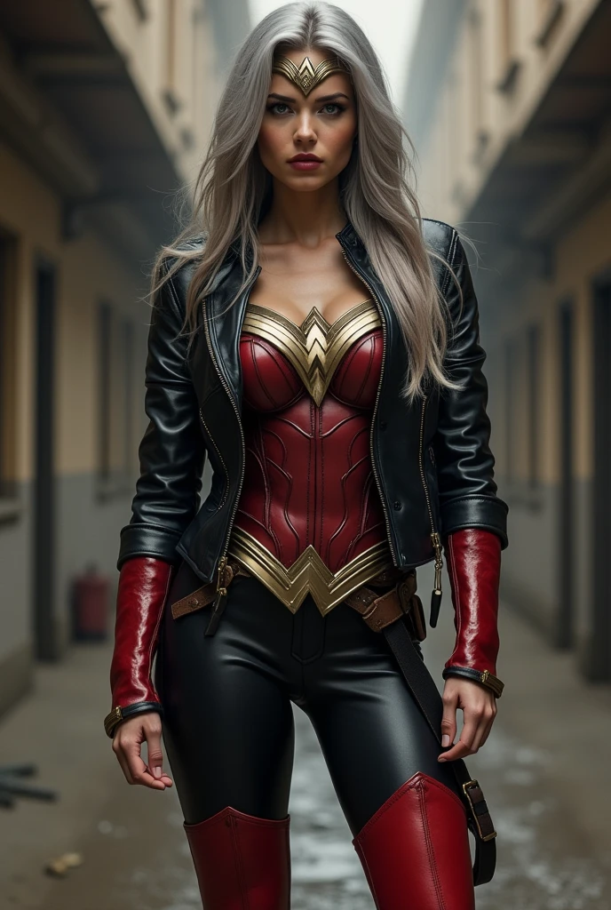 A beautiful woman with long ash-colored hair under the cloak of the Amazon warrior Wonder Woman suit black leather jacket and red corset and black leather pants long red boots up to the knees Diaema Wonder Woman on her forehead