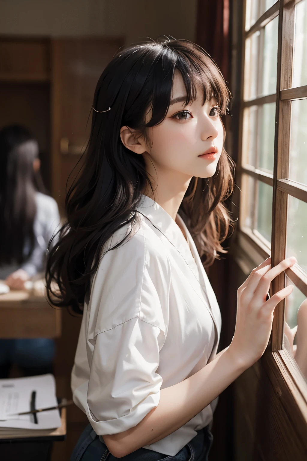 2 raped women with permed hair, twin, what makeup, without makeup, Centrally separated curtain bangs, Profile picture, Use Instagram Filters, Subtle soft and dim light, Pose looking back at the mirror, couple, perfect face, julia sardinian, perfect hands, Random behavior, (full_body),((平らな胸)),((小さいお尻)),((細い脚)),((細い腰)),
