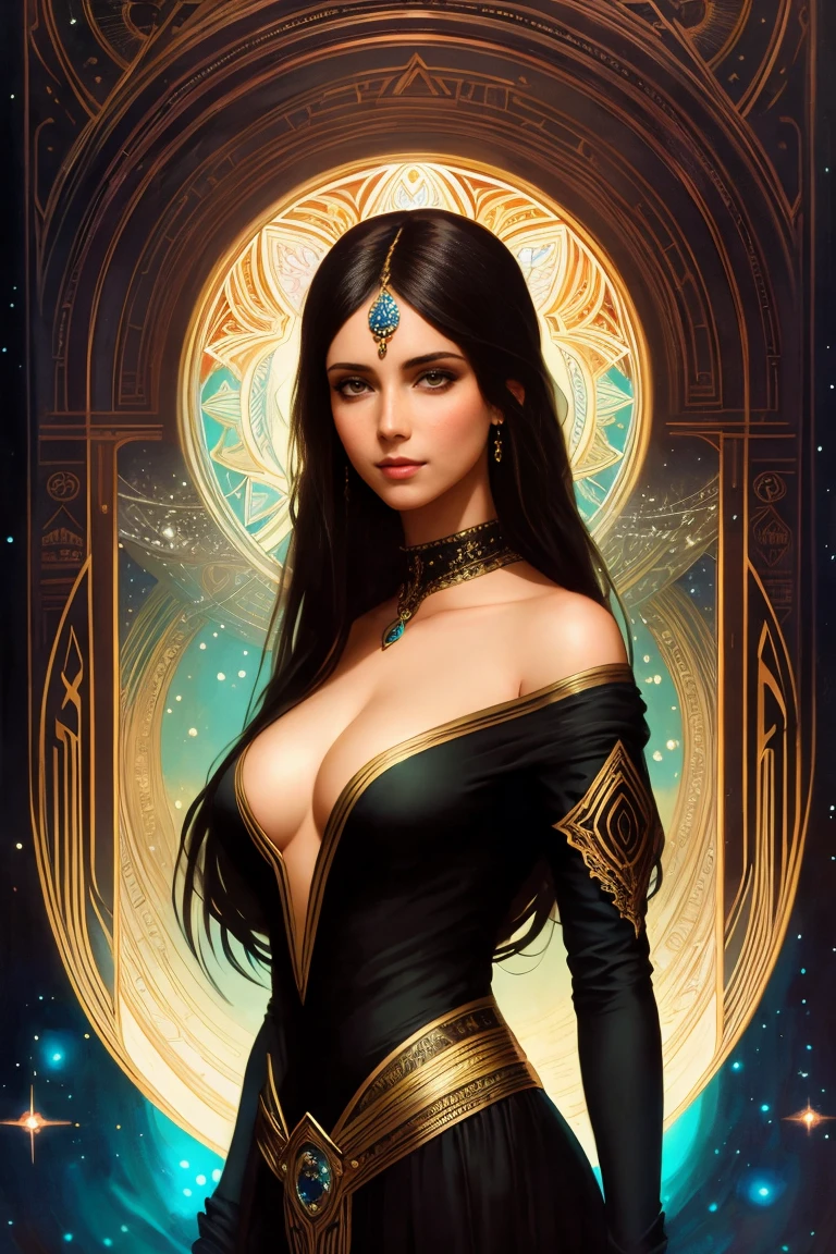a beautiful brunette woman in sexy revealing dress, full body, looking at viewer, symmetric, slight smile, spirtual awakening, intricate details, cosmic, ethereal, mystical, complicated environment, brush stokes, illuminating lights, Greg Rutkowski, RHADS, Beeple, Makoto Shinkai, Lois van Baarle, Ilya Kuvshinov, Rossdraws, Tom Bagshaw, Alfonse Mucha, masterpiece, ultra high res, high quality,