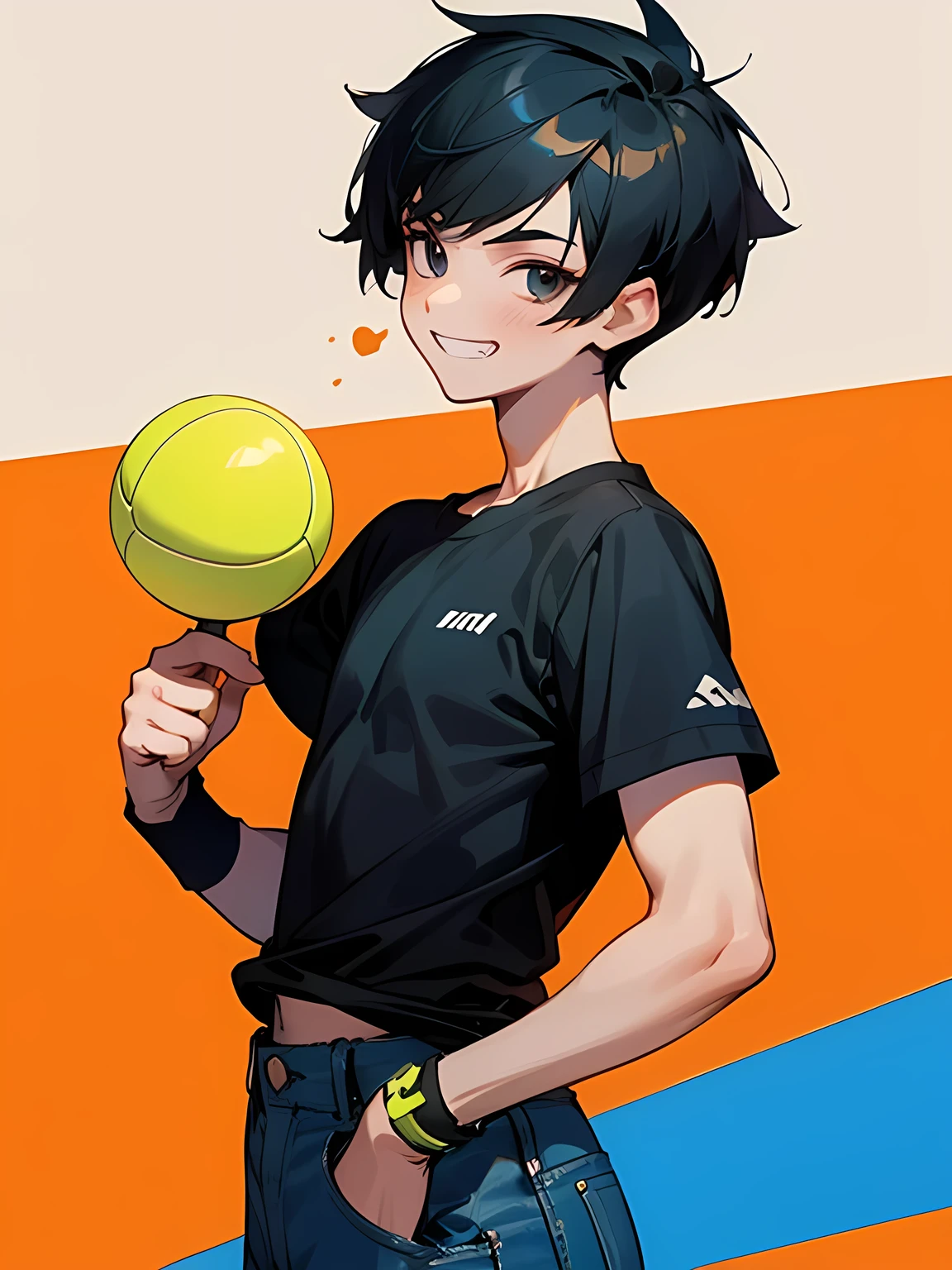 sideview, solo,looking at viewer++, upperbody, boy, black short spiky hairstyle, good grin, black t-shirts, bule jeans, holding a small tennis ball,victory pose,