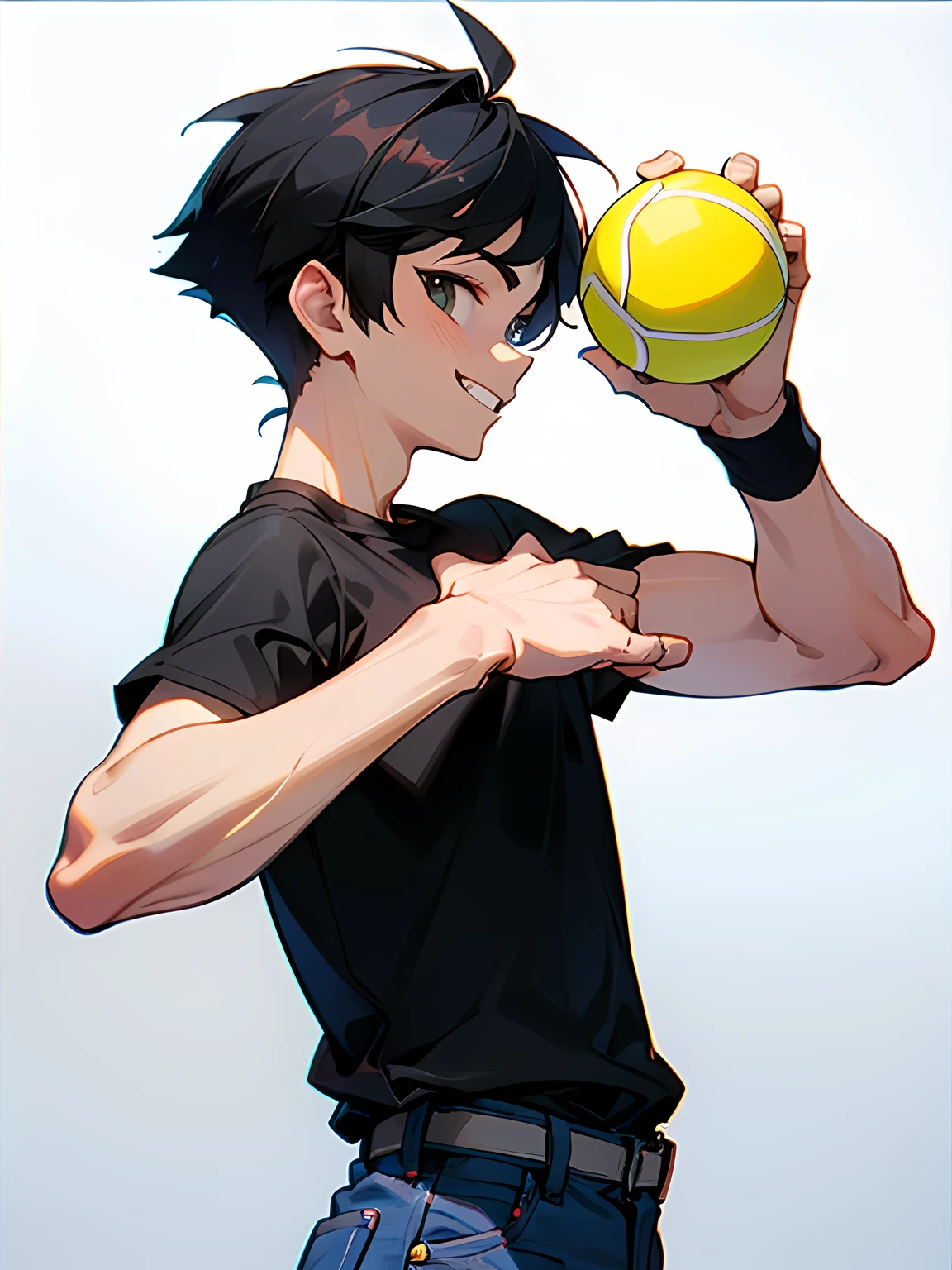 sideview, solo,looking at viewer++, upperbody, boy, black short spiky hairstyle, good grin, black t-shirts, bule jeans, holding a small tennis ball,victory pose,