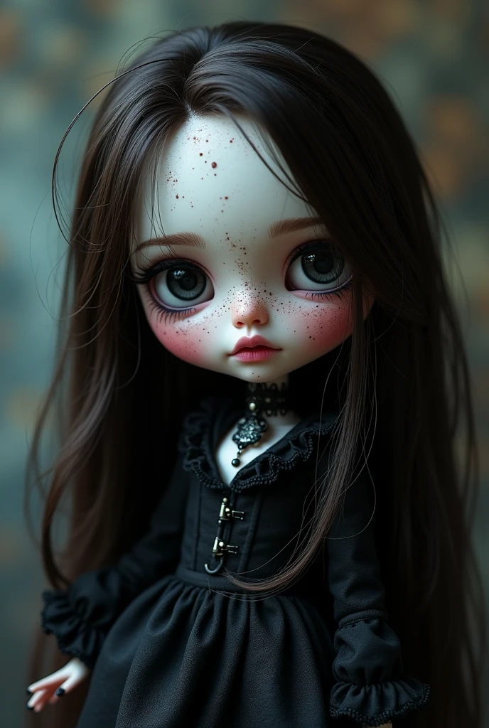 Blythe doll with long dark brown hair, black eyes, white skin with many freckles and moles, pink lips and black gothic-style clothing