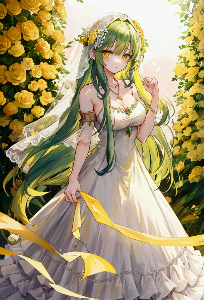 a woman with long dark green hair, yellow eyes,Wedding dress,Bangs,The golden sun in the background,Silver cross necklace,Sea of Flowers