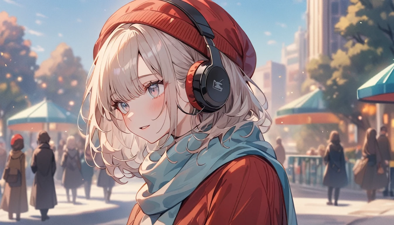 Anime Style、pretty girl、Tabletop:1.2, high quality, 最high quality, High resolution, Surreal, and, Short Bob，Dirty hair, Light grey eyes,Infinitely clear eyes，，High neck inner，Red knitted hat，scarf，Long skirt，Are standing，Tilt your head, Outdoor，Spring Park:1.5，Blurred Background, Portraiture,Natural look, (詳しいface), ((Sharp focus)), ((face)), Upper body_body，Spring comfort、Spring Park、Spring Sky、The world begins to emerge、Headphones