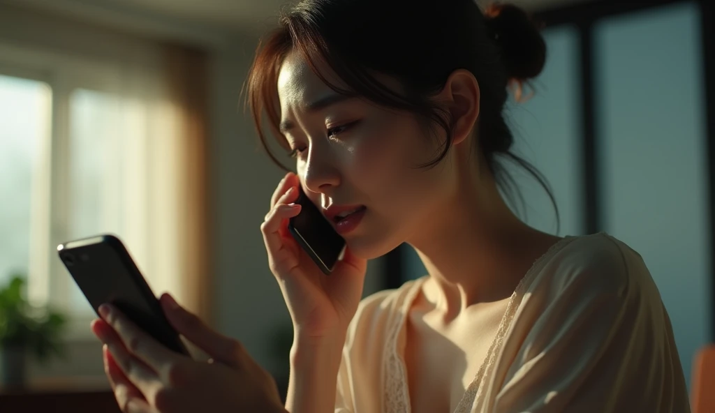 (beautiful korean girl crying on the phone calling someone: 1.0), in building, realistic lighting, cinema style,
