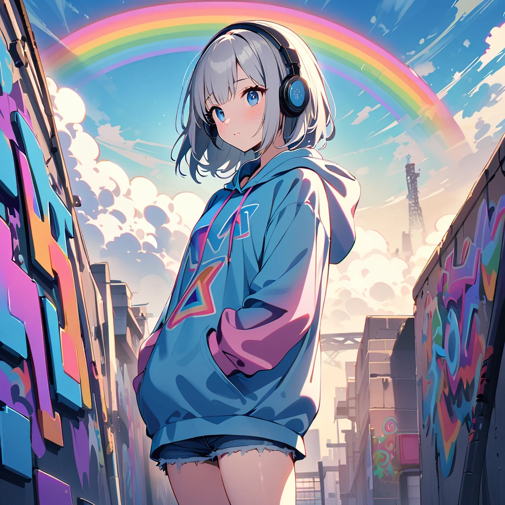 HD 8K Cute, Lonely, 1 female, Medium length hair, Gray Hair, Rainbow Art, blue eyes, Headphones, hoodie, colored hoodie, Denim shorts, human center, Outdoor, blue sky, White cloud, Graffiti wall,
