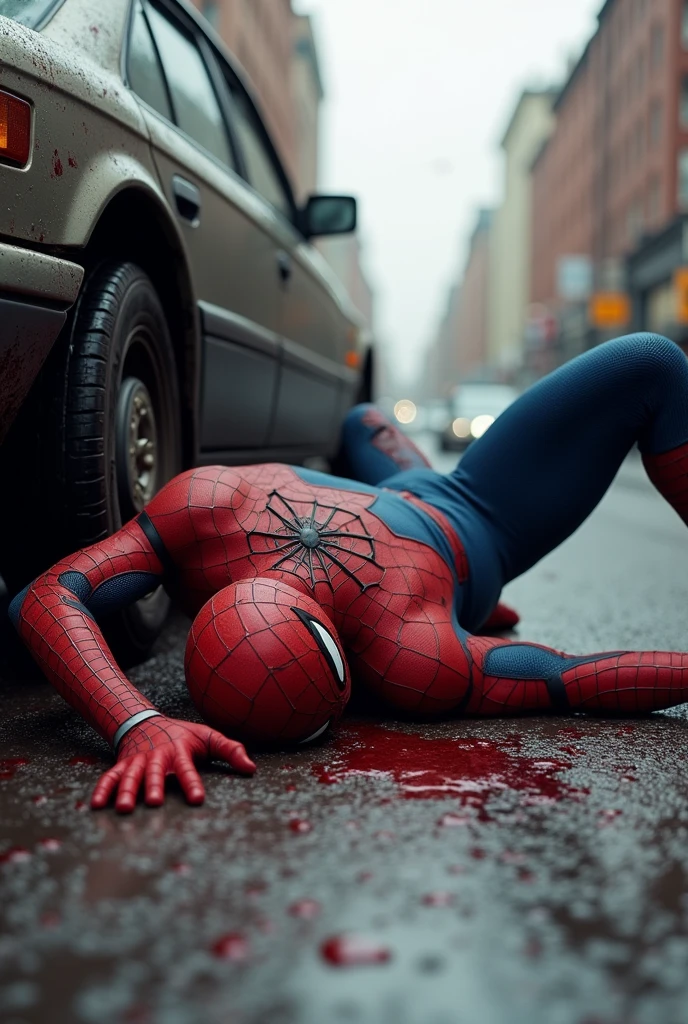 Spider-Man falls bloody after hitting car