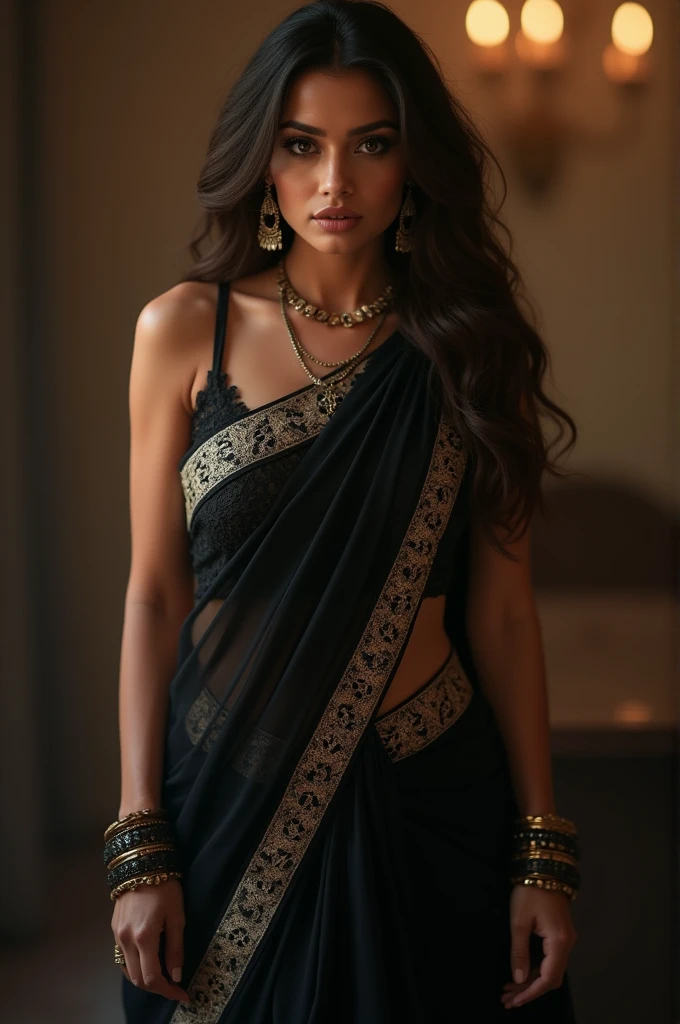 An indian woman wearing black saree trying to seduce me