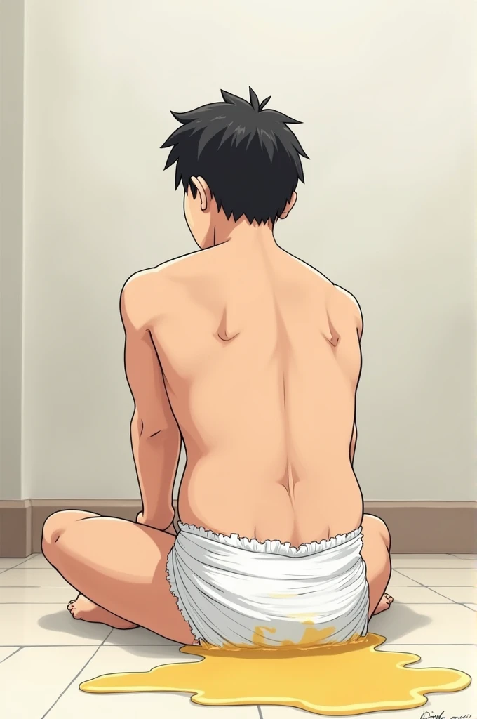 A man wearing a diaper, peeing inside, sitting on the ground, the inside of the diaper pee leak, anime drawing style