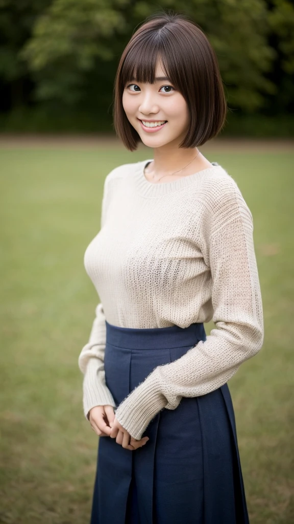 (Highest quality:1.5), (Real:1.4), (Ultra high definition:1.4), (No correction:1.4), (18 years old short Japanese girl with big breasts standing front plain background), (Short stature girl), (Asymmetrical bangs), (short hair), (Japanese school girl with long sleeve sweater and long skirt), (Long sleeve sweater), (Long skirt), (18 years old short girl with long sleeve sweater and long skirt is standing front plain background), (girl viewed from the front), (Plain background), (Cowboy Shot), (smile), (upright),