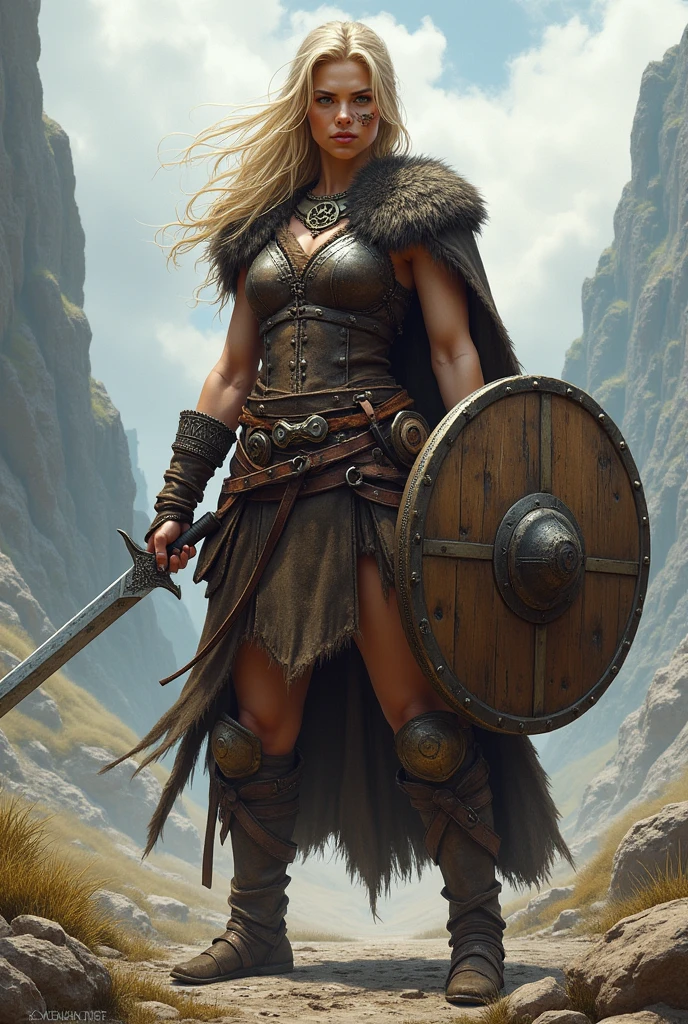 Female viking warrior with strong body and scar on left eye, holding a round wooden shield and a viking sword, rpg drawing style