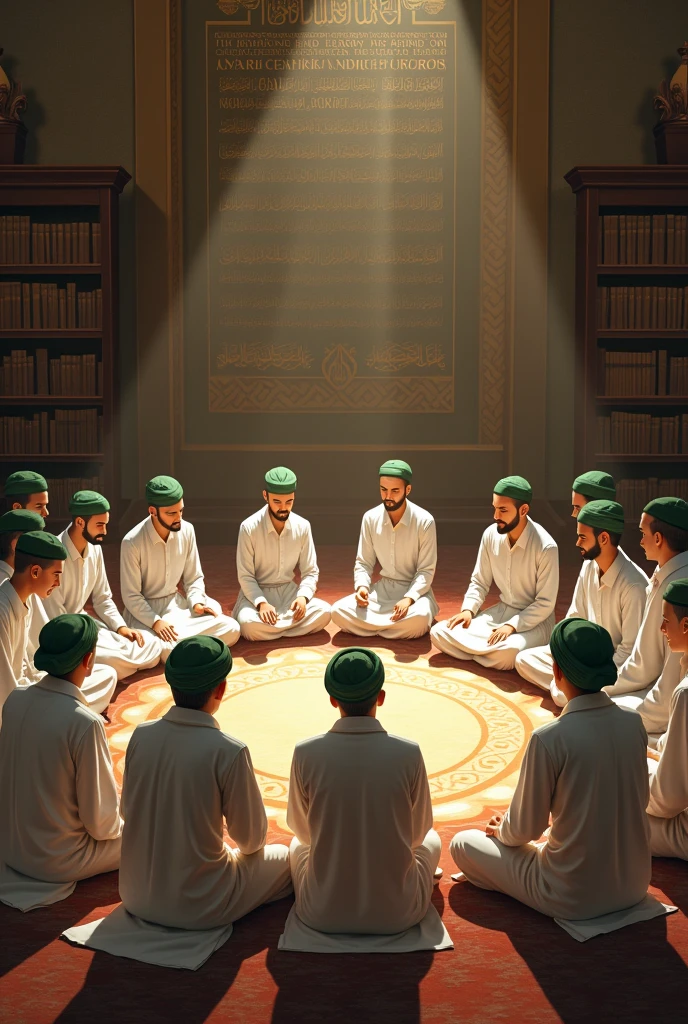 young Islamic scholars with green turban and white clothes doing dhikr in a circle in a library namely rizvi islamic library written on wall