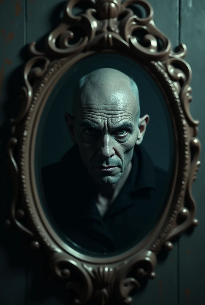 A close-up shot of the mirror frame, and the face of the silent man in it
For horror story 
