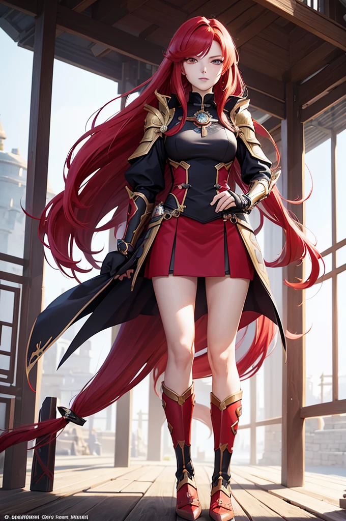 woman with long red hair and armor, ayaka genshin impact, ayaka game genshin impact, portrait knights of zodiac girl, female protagonist, cushart krenz key art feminine, valentina remenar, genshin impact character, genshin, cyarine, artgerm and atey ghailan, portrait knight female,(full body)