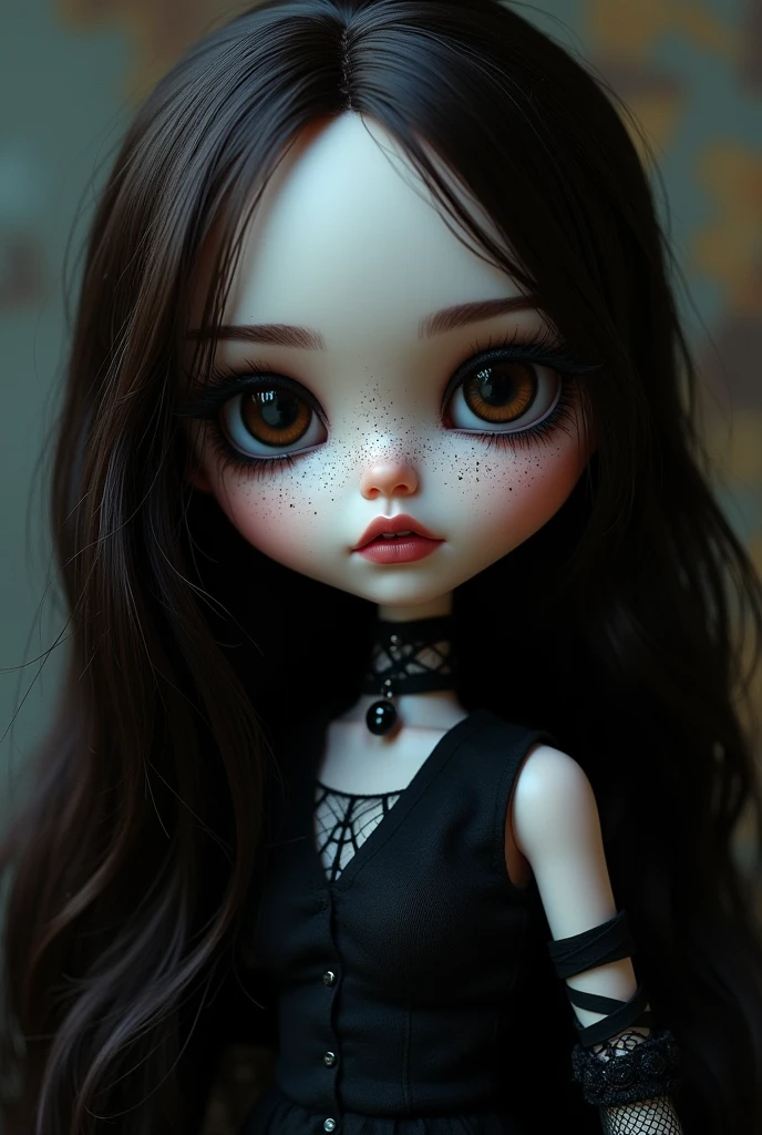 Blythe doll with long dark brown hair, black eyes, white skin with many freckles and moles, pink lips and black gothic-style clothing 
