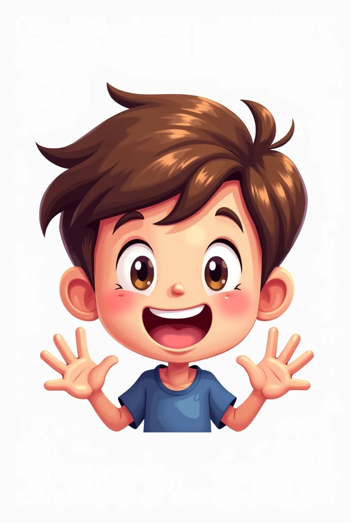 Illustrated logo for twitch a boy, head and shoulders, waving hands, brown hair, brown eyes   
