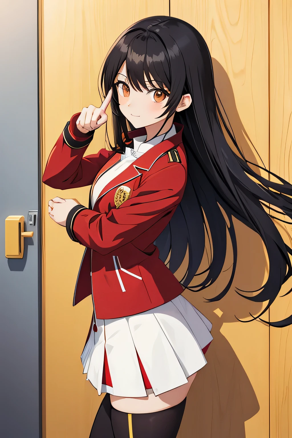 anime girl pointing at something, anime style flat shading, long straight black hair, brown eyes, anime pose, anime moe art style, with index finger, red jacket with lapels and yellow buttons, white plank miniskirt, door background a school and wall